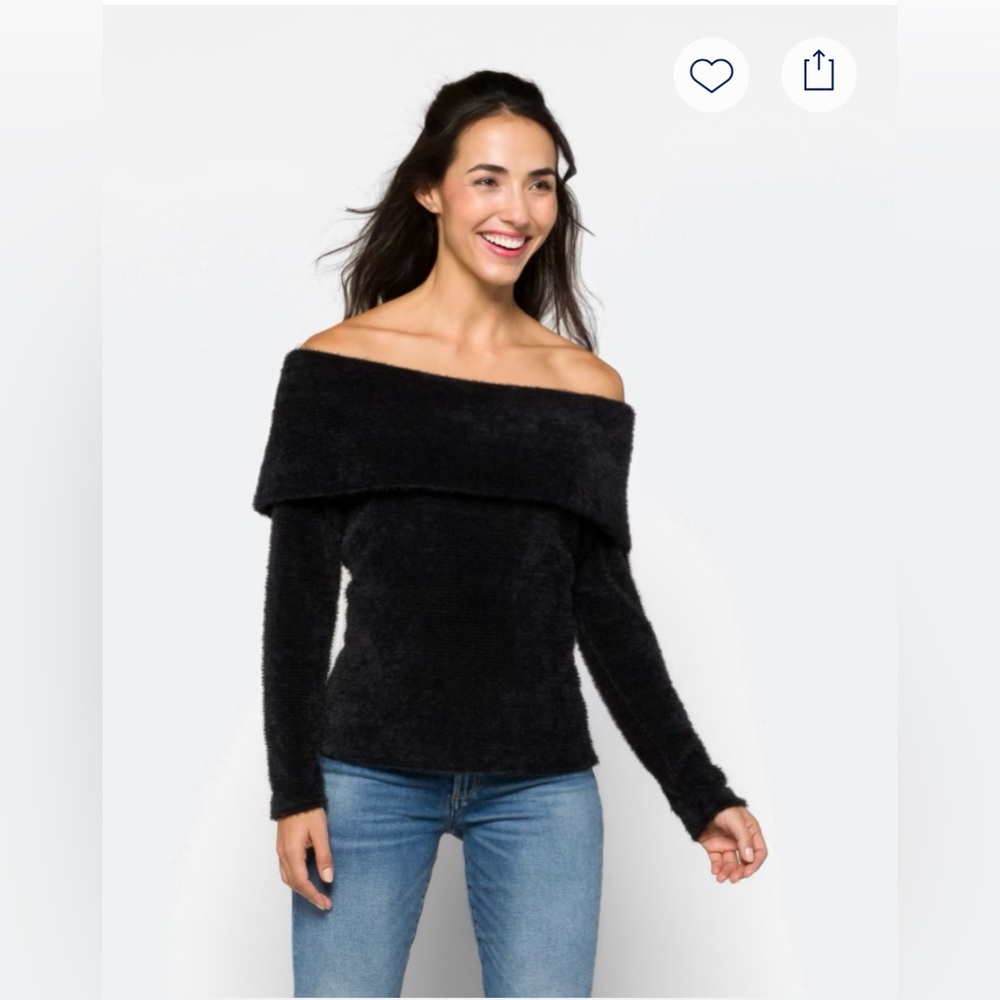 Black, Fuzzy Off-the-Shoulder Knit Sweater Size Small